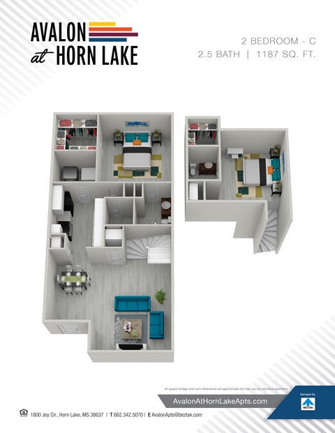 Floor plan for 2 beds, 2 baths, 1187 sqft